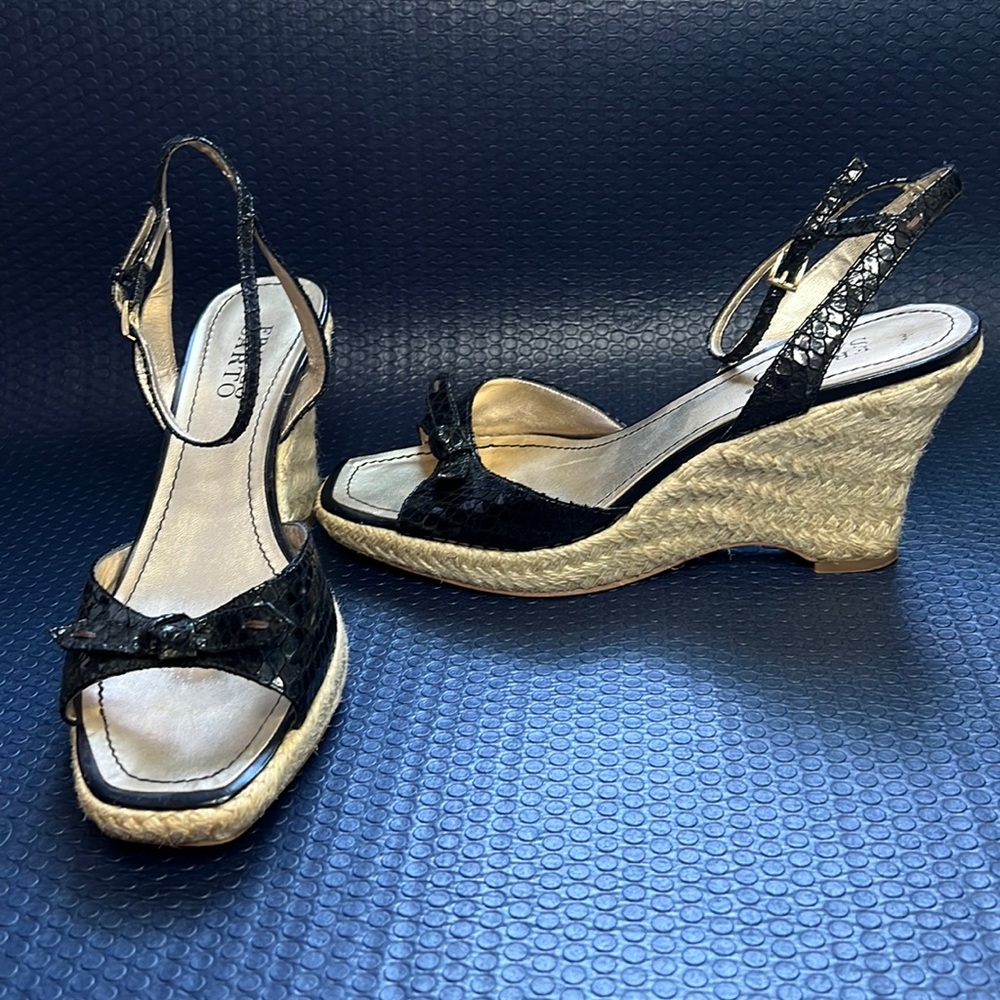 Franco Sarto Black Croc Espadrille Bow Wedge Sandals | Size 8.5